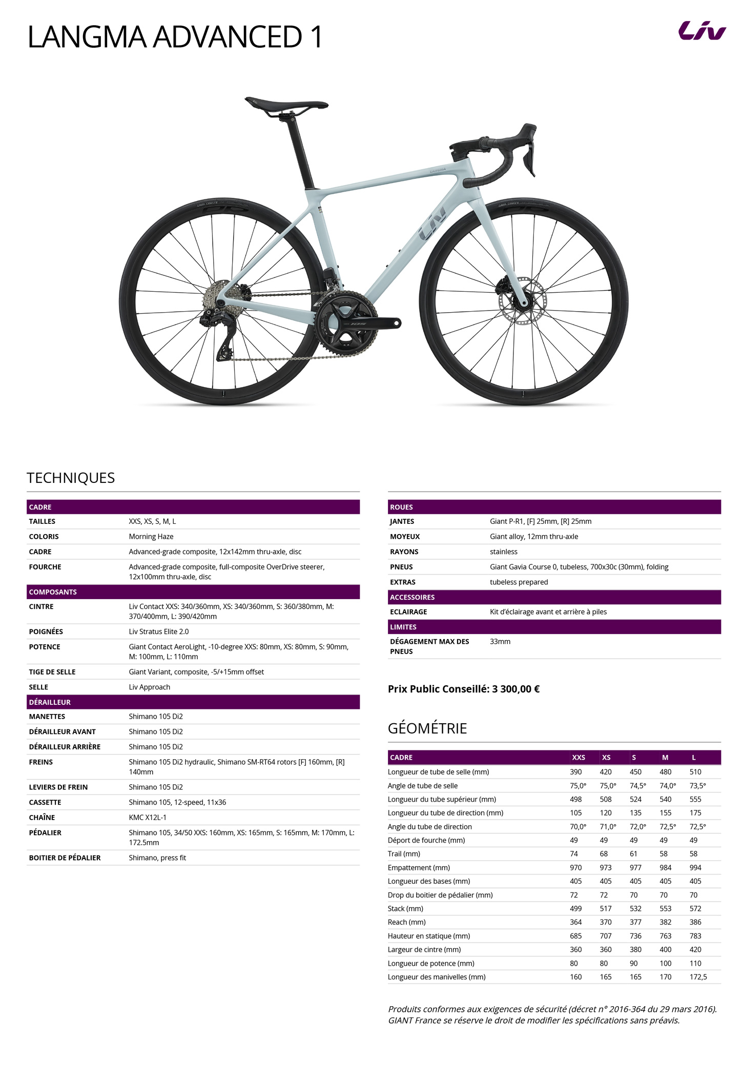 Fiche technique du velo Langma Advanced 1 année 2027